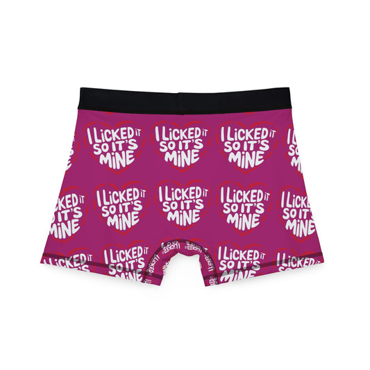 Stylish back view of Valentine's Naughty Cheeky Men's Boxer Briefs showcasing the humorous print 'I LICKED IT SO IT'S MINE' surrounded by heart graphics, perfect for romantic and cheeky surprises.