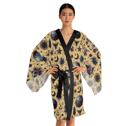Chic Floral Kimono Robe for women, showcasing celestial motifs and a sophisticated design, perfect for luxurious relaxation.
