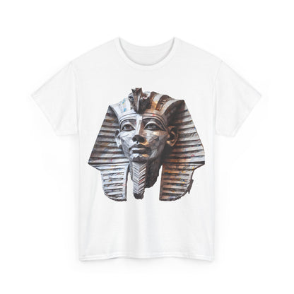 Pharaoh’s Gaze Unisex Graphic Tee displaying a stunning Egyptian pharaoh graphic on soft white cotton, ideal for making a stylish statement.