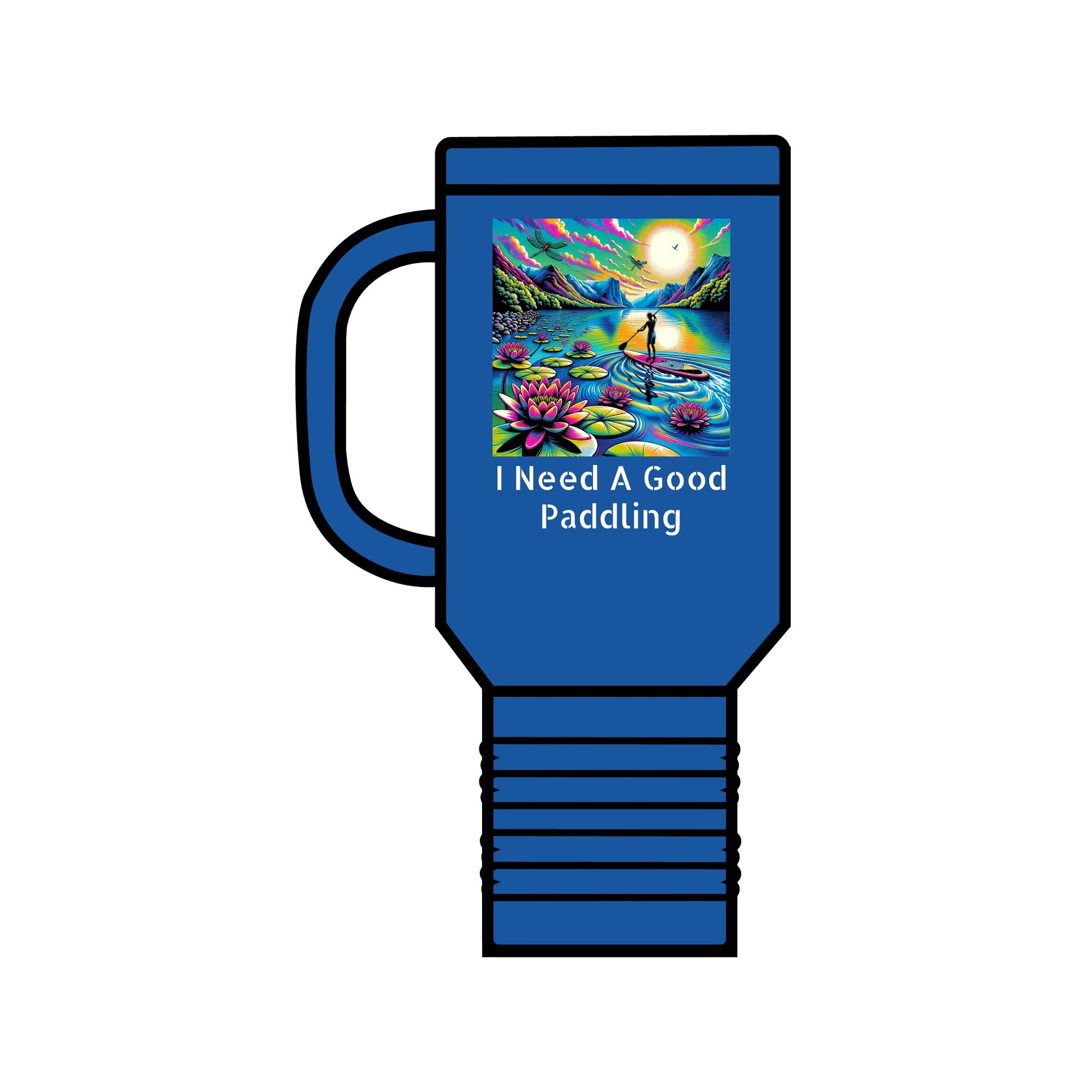 Chic Fantasy Paddleboarding 40oz Insulated Travel Mug in blue featuring a colourful paddleboarding scene and the words 'I Need A Good Paddling', designed for luxe hydration on the go.