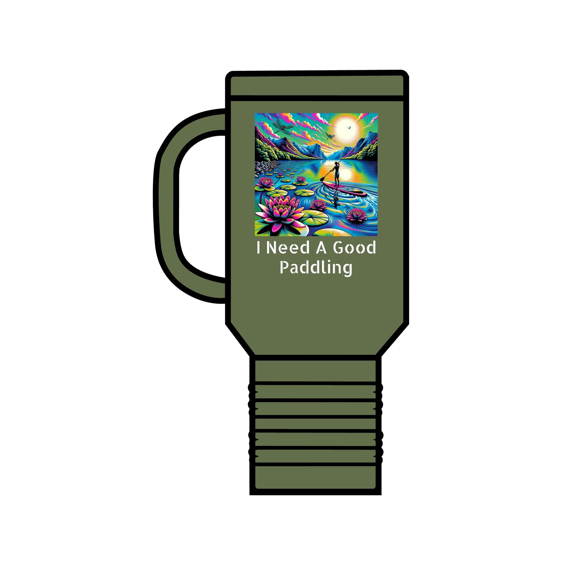 Fantasy Paddleboarding 40oz Insulated Travel Mug in green featuring a vibrant paddleboarding scene with the text 'I Need A Good Paddling', perfect for adventurous hydration.