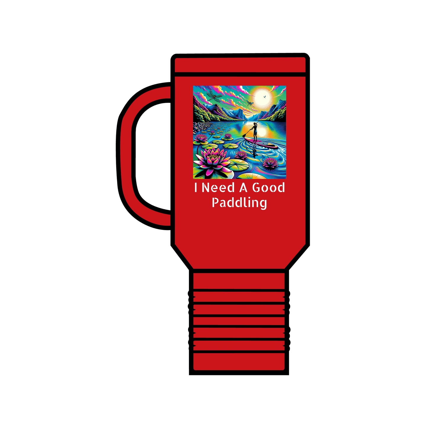 Elegant Fantasy Paddleboarding 40oz Insulated Travel Mug in red, adorned with a stunning paddleboarding design and the text 'I Need A Good Paddling', perfect for stylish adventures.
