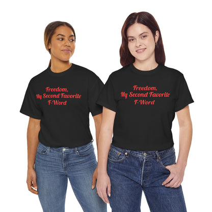 Stylish Urban Unisex Cotton T-Shirt featuring 'My Second Favorite F Word' in bold red, worn by two models, one male and one female, showcasing casual fashion.