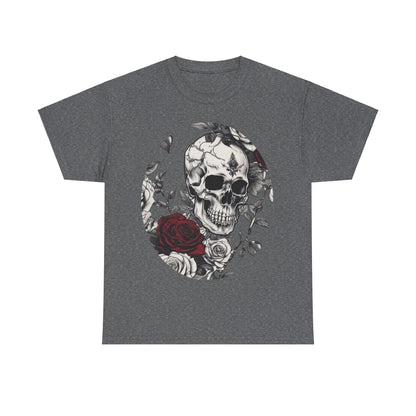 Skulls and Roses Cotton Tee, Unisex Graphic Shirt featuring a stunning steampunk design with a detailed skull entwined with vibrant roses on a dark grey background.