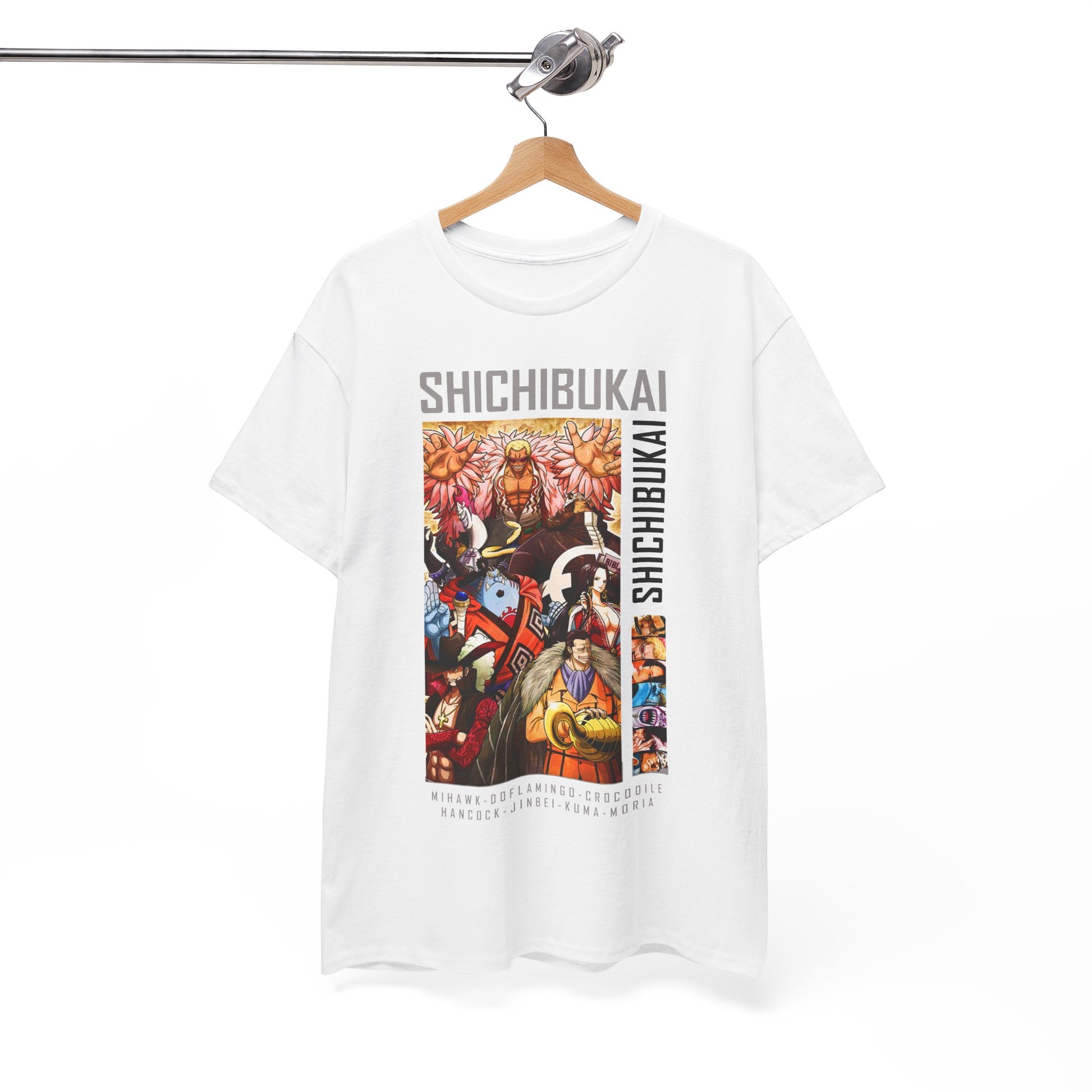 Elegant hanging display of the One Piece Shichibukai men's t-shirt, showcasing vivid artwork and a modern, stylish fit.