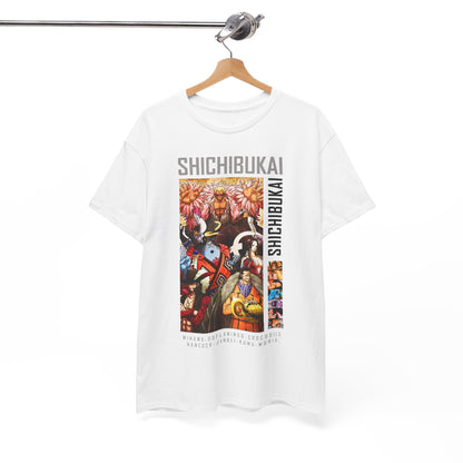 Elegant hanging display of the One Piece Shichibukai men's t-shirt, showcasing vivid artwork and a modern, stylish fit.