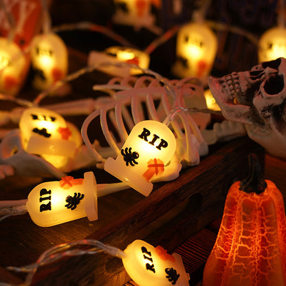 PVC Soft Material Halloween Lighting Chain featuring luminous RIP grave markers with scorpions, ideal for indoor and outdoor home decoration.