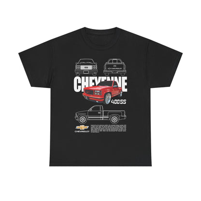 Sophisticated black Chevrolet Cheyenne T-shirt highlighting a striking graphic of the iconic red pickup truck and 'CHEYENNE 400SS' text, a perfect blend of luxury and automotive passion.