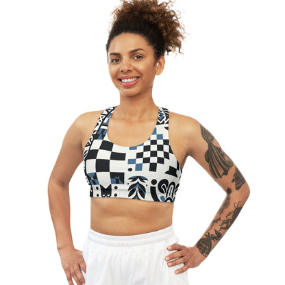 Model wearing the Lorelei Beaumont Checkerboard Sports Bra, radiating confidence with its contemporary checkerboard design, perfect for stylish activewear and fitness routines.