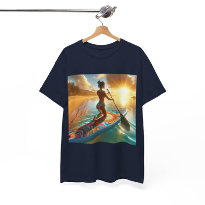 Model sporting the Delightful Paddleboarding T-Shirt from Dazzling Dreams Studio on a sunny day, embodying the elegance and active lifestyle of a water sports enthusiast.