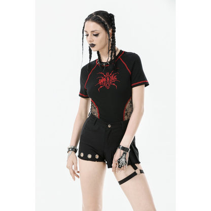 High-waisted black garter shorts featuring pleated asymmetrical panel and striking silver grommet accents, designed for a bold alternative fashion statement.