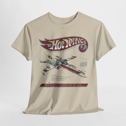 Elegant Hot Wings Starfighter T-shirt featuring a vintage graphic design of a galactic starfighter, showcasing bold colours and intricate details, ideal for fans of retro space apparel.