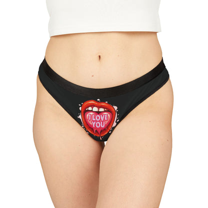 Elegant women's thong featuring a bold graphic of red lips with the phrase 'I Love You', perfect for adding a cheeky touch to romantic occasions.