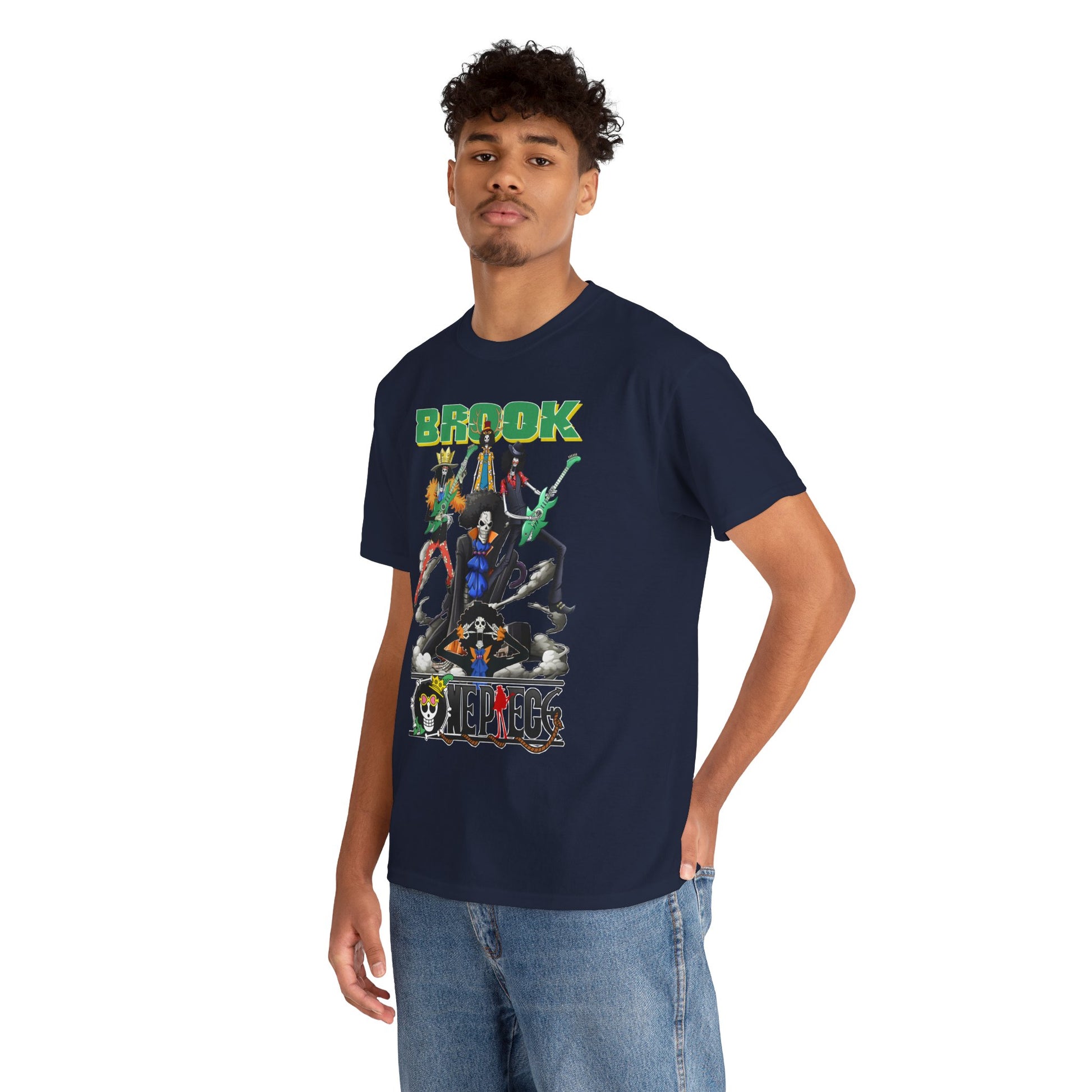 Model wearing a chic navy t-shirt adorned with an intricate graphic of anime characters. The bold 'BROOK' design enhances the outfit's flair for casual, luxurious style.
