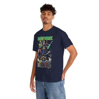 Model wearing a chic navy t-shirt adorned with an intricate graphic of anime characters. The bold 'BROOK' design enhances the outfit's flair for casual, luxurious style.