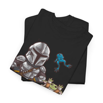 Star Wars Mandalorian the Child Graphic T-Shirt displayed with a fold, showcasing a charming design of Grogu and the Mandalorian, ideal for high-quality casual wear.