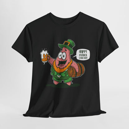 Funny Graphic Tee for St. Patrick's Day Featuring Patrick Star, showcasing a vibrant design of Patrick in Irish attire, complete with a leprechaun hat and holding a beer mug, perfect for festive celebrations.