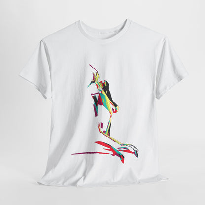 Luxurious white graphic t-shirt featuring a vibrant, abstract illustration of a stylized female figure, merging playful allure with artistic elegance.