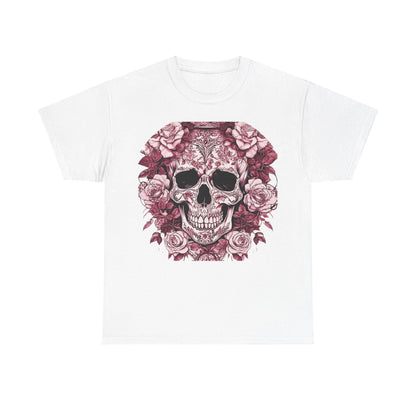 Skulls and Roses Cotton Tee - Elegant white unisex graphic shirt featuring a striking steampunk skull design adorned with roses.