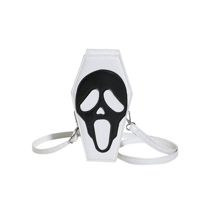 Stylish white Halloween Coffin-shape Shoulder Bag with a dramatic ghost face design, ideal for trendy women looking to make a statement.