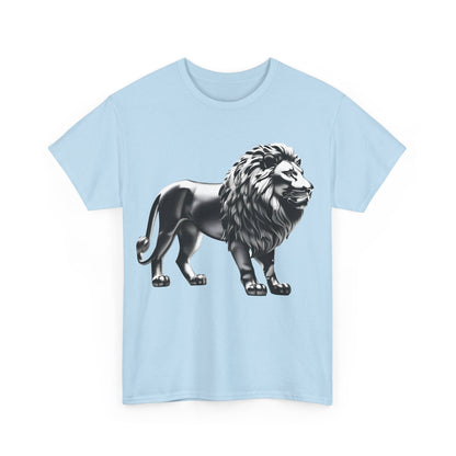 Silver Majestic Lion Graphic T-Shirt, Urban Streetwear Top, Unisex Cotton - Presenting the front view of a luxurious blue shirt adorned with a captivating silver lion design.