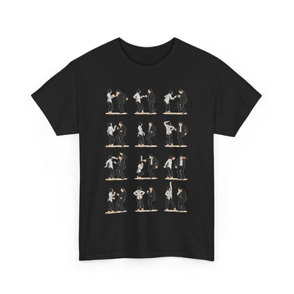 Elegant Pulp Fiction Dance graphic t-shirt featuring an array of playful illustrations depicting memorable dance moments. A luxurious addition for fans of cult cinema, ideal for all occasions.