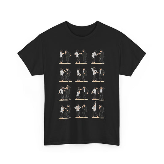 Elegant Pulp Fiction Dance graphic t-shirt featuring an array of playful illustrations depicting memorable dance moments. A luxurious addition for fans of cult cinema, ideal for all occasions.