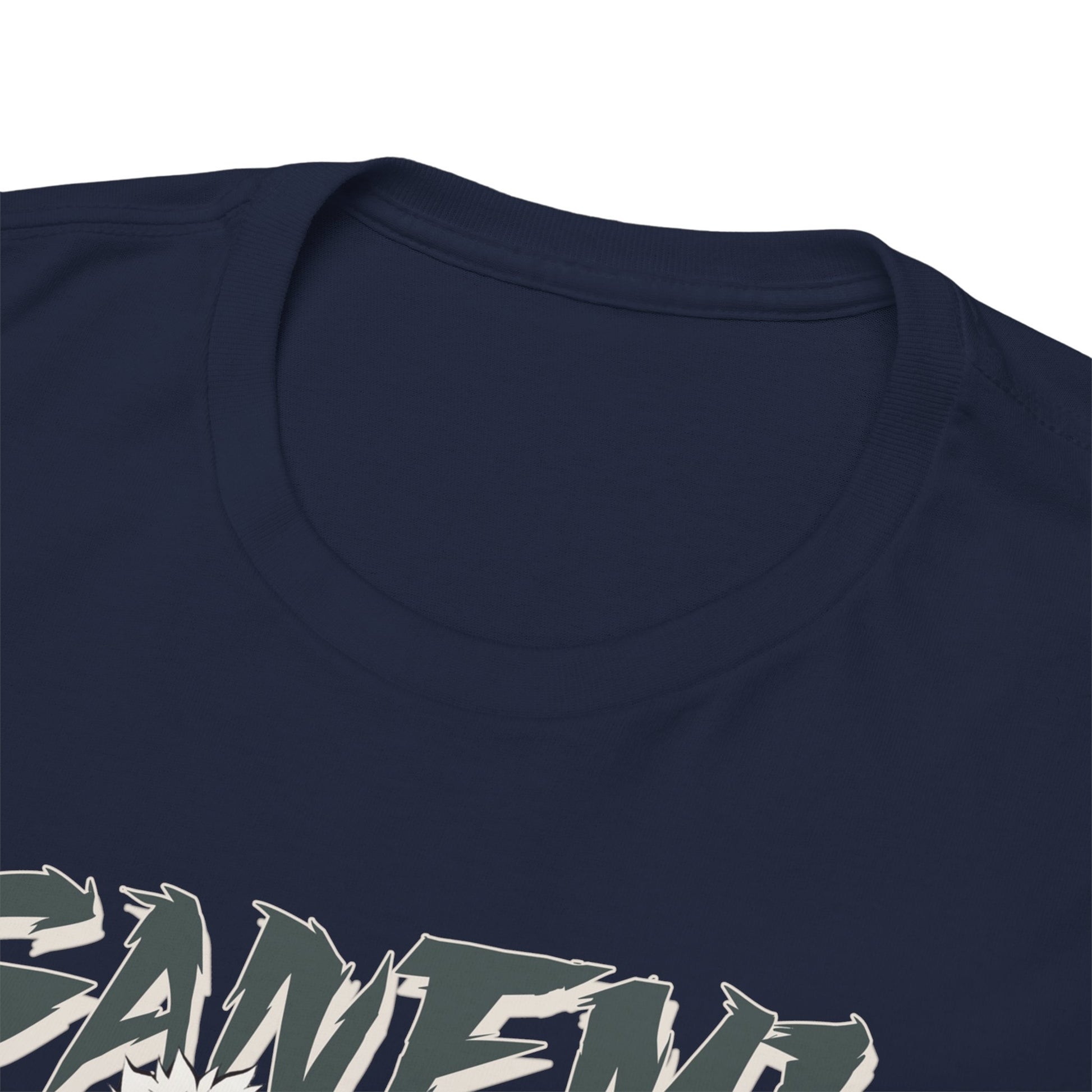 Close-up of the neckline of the Sanemi Shinazugawa T-shirt, highlighting premium fabric quality and intricate design elements.