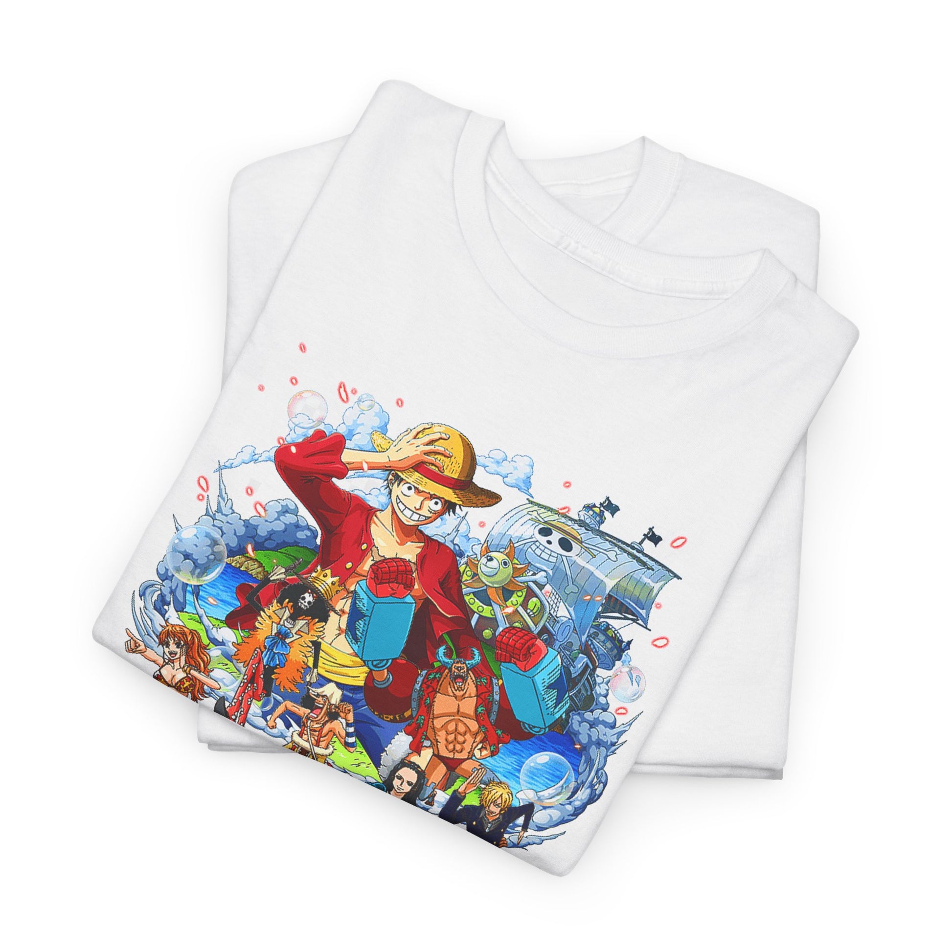 Folded white anime t-shirt showcasing intricate character designs, ideal for stylish gifting or enhancing personal wardrobe with unique flair.