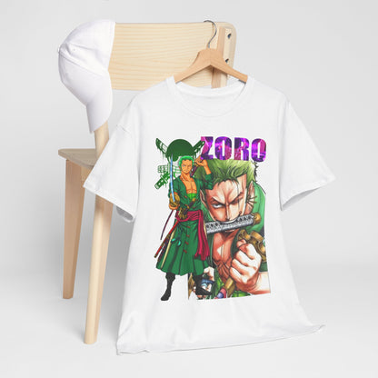 Luxurious Roronoa Zoro graphic t-shirt featuring vibrant artwork of the iconic anime character, complemented by a stylish white cap on a sleek wooden chair.