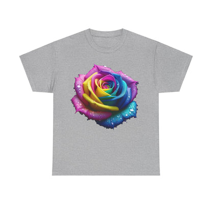 Rainbow Rose Unisex Cotton Tee Graphic T Shirt with a vibrant close-up of a rainbow rose, showcasing an array of striking colours and water droplets against a grey backdrop.