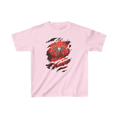 Unisex Kids Spider-Man Cotton T-Shirt in soft pink, adorned with a captivating red Spider-Man logo, designed for chic and adventurous youths.