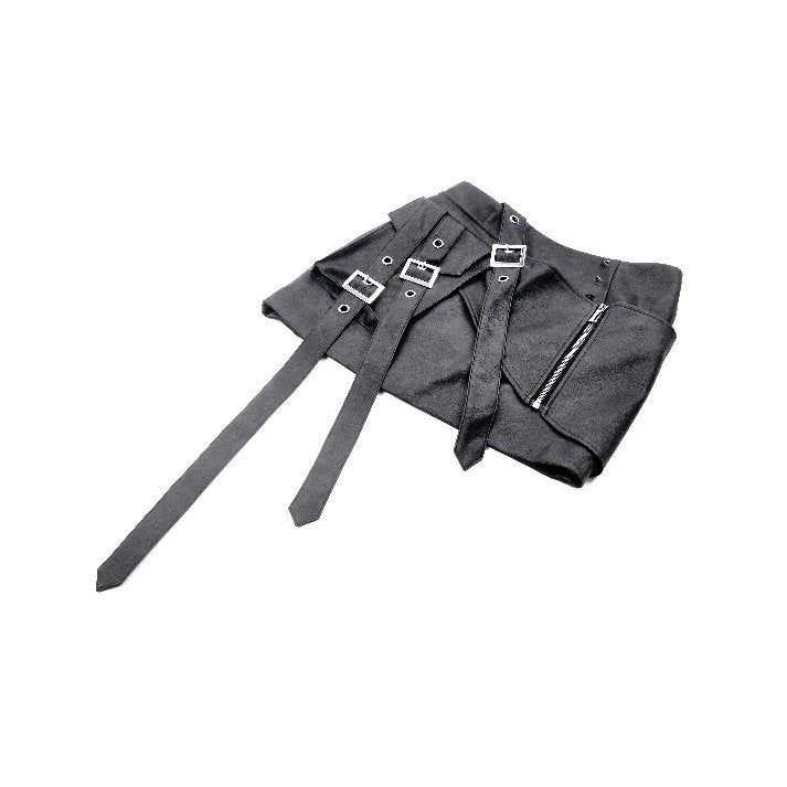 Fashion model wearing the Dark in Love faux leather gothic mini skirt, styled with fishnets and platform boots for a striking streetwear look.