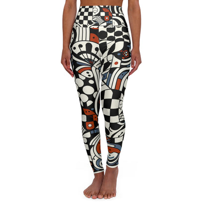 Andrea Bellecci High-Waisted Leggings featuring striking checkerboard motifs and elegant organic shapes, displayed in a stylish front view.