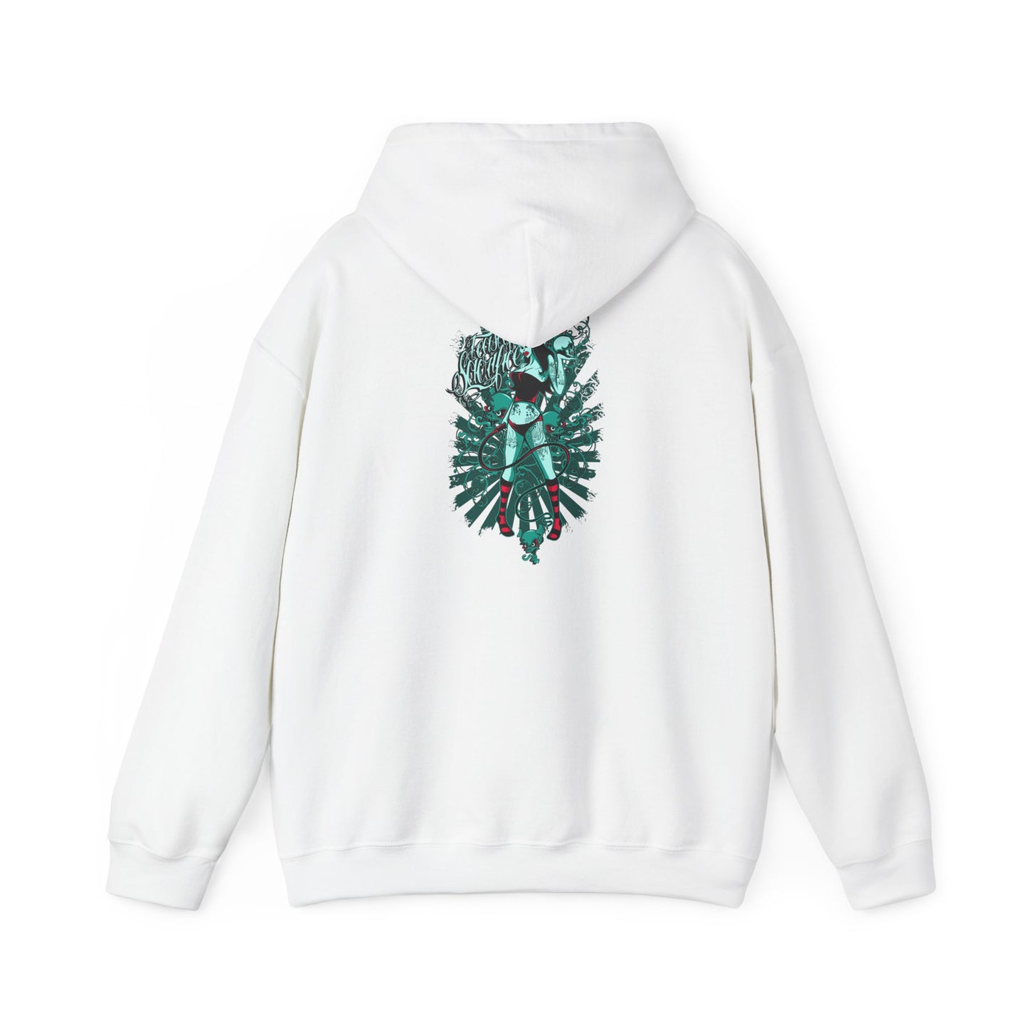 Luxury white hoodie featuring a striking back design with intricate artwork of a confident woman and a snake, enhanced by vibrant colours and artistic flame elements. Perfect for showcasing individuality and style.