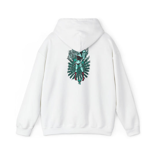 Luxury white hoodie featuring a striking back design with intricate artwork of a confident woman and a snake, enhanced by vibrant colours and artistic flame elements. Perfect for showcasing individuality and style.