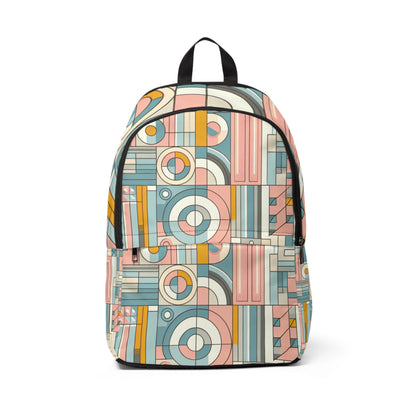 Luxury Contemporary Art Inspired Power Surge Backpack by Dazzling Dreams Studio featuring bold geometry and pastel elegance in soft pinks, bright yellows, and calming blues.