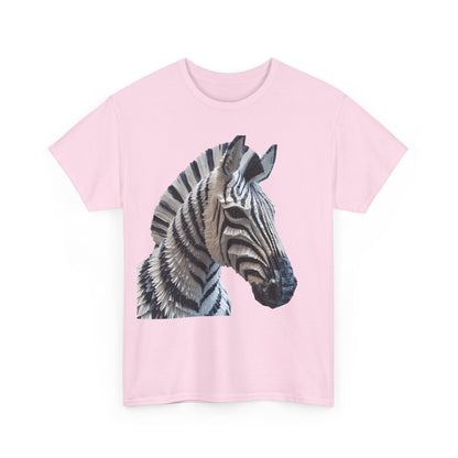 Front view of the Zebra Elegance Unisex Graphic T-Shirt featuring a stunning zebra sculpture design, elegantly crafted in paper art, set against a soft pink backdrop.