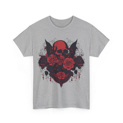 Front view of Skulls and Roses Cotton Tee, unisex graphic shirt featuring an elegant skull and rose design in striking colours.