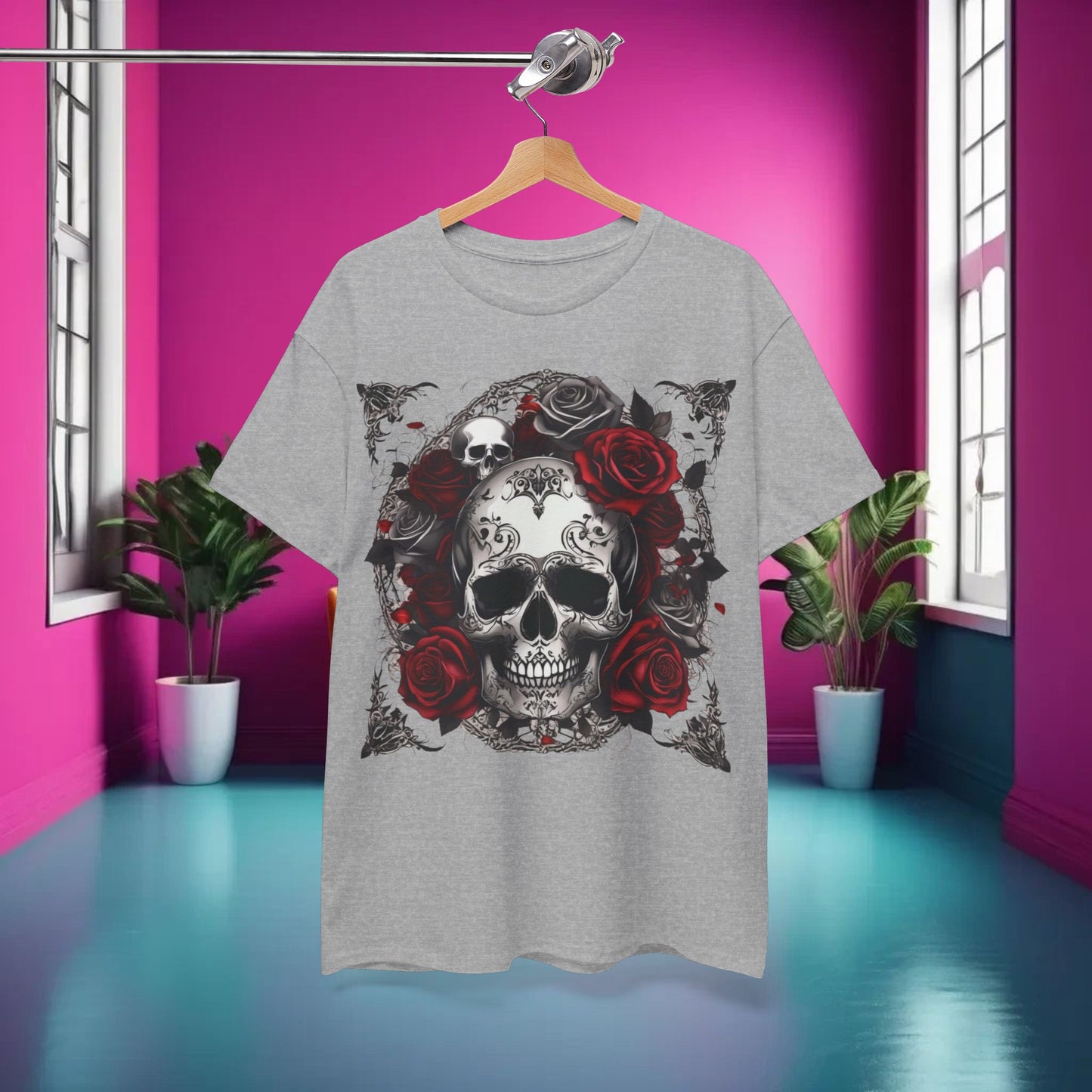 Skulls and Roses Cotton Tee, Unisex Graphic Shirt, 7 color choice