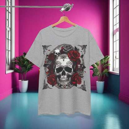 Skulls and Roses Cotton Tee displayed in a chic interior setting, highlighting the edgy graphic design, perfect for statement-making fashion.