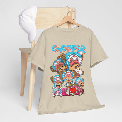 Luxurious anime graphic t-shirt featuring Chopper in playful poses, styled on a wooden hanger with a white cap, perfect for anime enthusiasts.