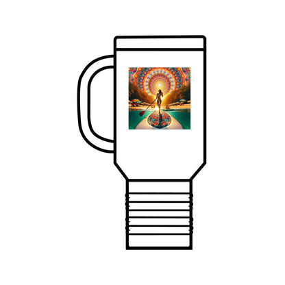 Fantasy Paddleboarding 40oz Insulated Travel Mug in white, displaying a unique paddleboarding scene, elegantly crafted from stainless steel with a leak-proof lid for on-the-go convenience.