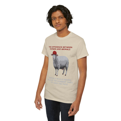 Fashionable individual displaying a light beige t-shirt adorned with a satirical sheep graphic, exuding style and uniqueness.