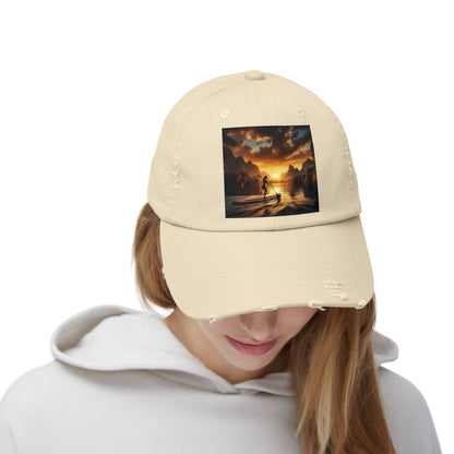 Unisex Distressed Paddleboarders Cap - Stylish Sun Protection for Adventurous Water Lovers, worn by a model highlighting its fashionable, distressed aesthetic and beautiful sunset paddling design.