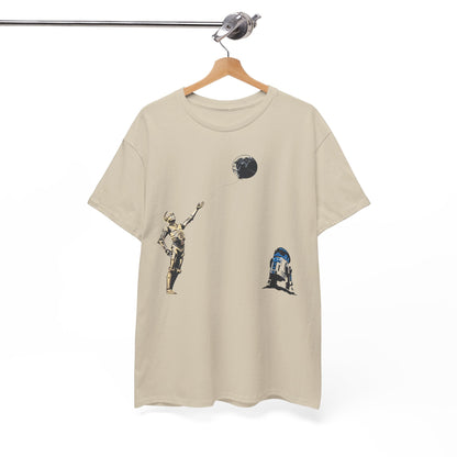 Chic Star Wars T-Shirt with C-3PO and R2-D2, creatively depicting a light-hearted scene with a Death Star balloon.