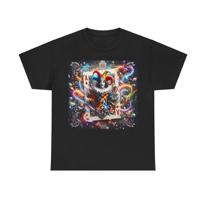 Harlequin Playing Card Graphic Tee for Unisex in black, featuring a stunning design of a whimsical harlequin character with vibrant colours and intricate details, perfect for stylish and modern aesthetics.