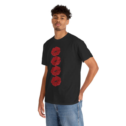 Sophisticated model wearing a black unisex t-shirt featuring a glamorous design of red kiss marks, embodying street style with a romantic flair.