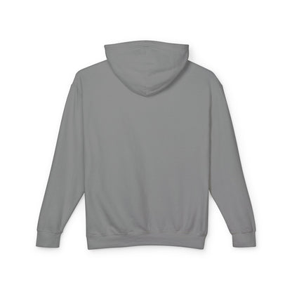 Back view of a grey Unisex Lightweight Hooded Sweatshirt, demonstrating its sleek and sophisticated design in a clean background.