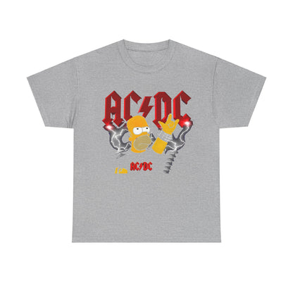 Homer Rock & Roll Unisex Cotton Tee Graphic T Shirt in grey featuring a playful design of Homer Simpson striking a rock pose with AC/DC branding and lightning graphics, perfect for stylish casual wear.